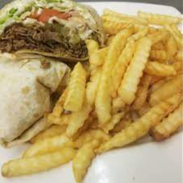 W.3 Steak and Cheese Wrap with Fries.
