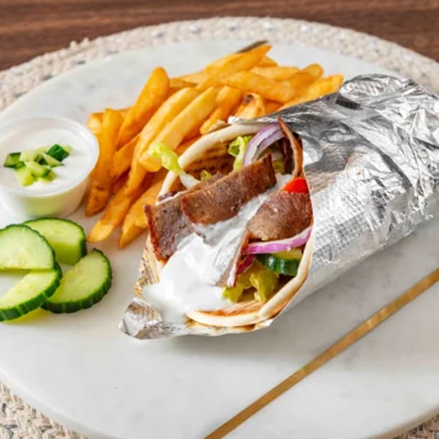 Chicken Gyro with Fries.